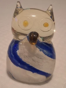 Owl Art Glass Paperweight Figurine Blue & White Swirls W/Amber Eyes & Beak 3.7"T - Picture 1 of 8