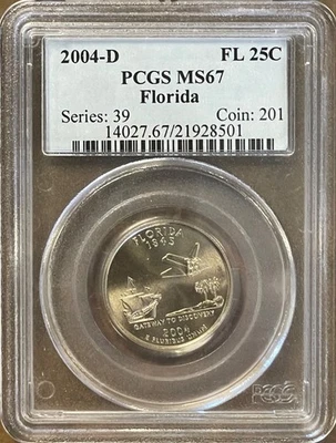 2004-D 25c Florida State Quarter PCGS MS 67 (no cac)  UNCIRCULATED UNC BU - Image 1 of 2