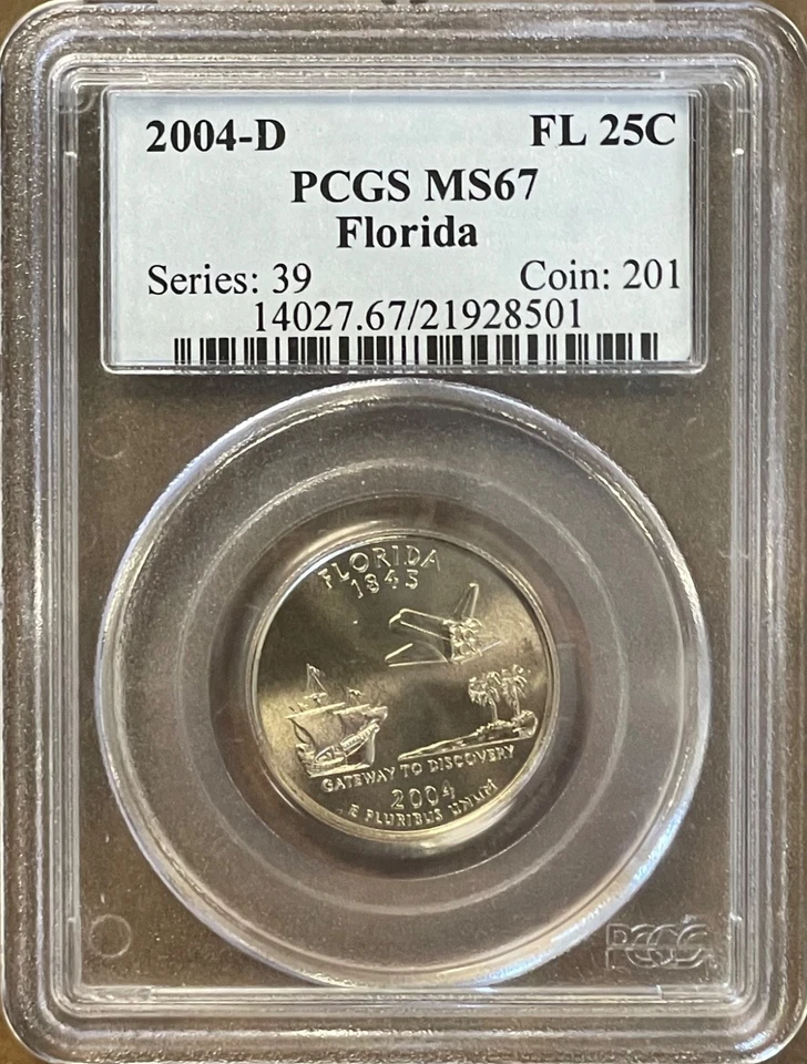 2004-D 25c Florida State Quarter PCGS MS 67 (no cac)  UNCIRCULATED UNC BU - Image 1 of 2