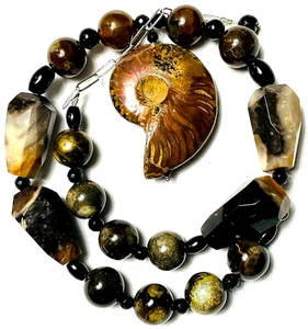 Jasper & Onyx Bead Sterling Silver Ammonite Fossil Pendant Necklace - Picture 1 of 10