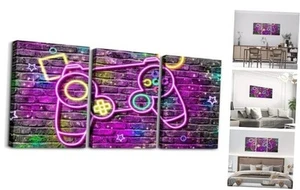3pcs Boys Gaming Canvas Wall Art for Living Room Gamer Dark Black and Purple - Picture 1 of 6