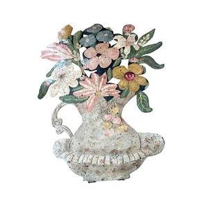 Antique Tole Vase W/Flowers Cottage Hand Painted Metal Fireplace Screen Signed - Picture 1 of 9
