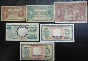 6 Britische Malaya & Borneo Banknoten, 5, 10, 50 Cent 1941, 1 $ 1953 1959 Lot - Bild 1 von 2
