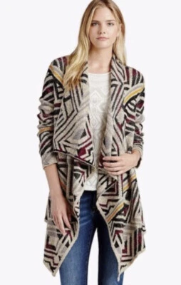 Lucky Brand Womens M Aztec Cascade Knit Cotton Bld Open Drape Long Sweater Coat - Image 1 of 4