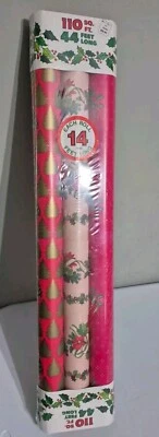 De colección Nuevo en Paquete Rollos de Papel de Envolver Navidad-3 Rollos-44 Pies Árboles Largos/Holly/Poinsettia Foto 1 de 4