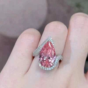 Silver Plated Anti Tarnish Crushed Ice Cut Padparadscha Sapphire Teardrop Ring - Picture 1 of 6