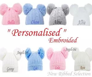 PERSONALISED BABY POM POM HAT KNITTED WINTER WHITE PINK BLUE GREY GIFT NEWBORN-6 - Picture 1 of 12