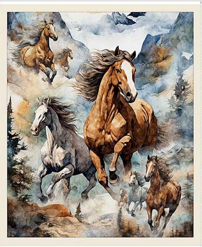 Horse Fabric 36" X44" Panel Running Wild Horses Animals Scenic Cotton by QT