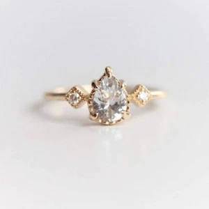 Classic 2 Ct Pear Cut Moissanite Engagement Wedding Ring 14K Solid Yellow Gold - Picture 1 of 12