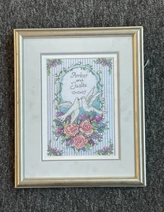 FRAMED COMPLETED CROSS STITCH:LOVING DOVES WEDDING RECORD: 28 x 24cm(MARKING) - Picture 1 of 1