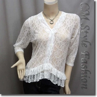 Elegante Blusa Cárdigan Transparente de Encaje Floral Top Blanco M/L Foto 1 de 4