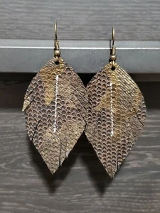 Handmade GENUINE Leather Feather Earrings Black & Gold Camo Snakeskin 2" - Picture 1 of 1