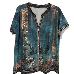 Curvedream Damen Gr. XL Grün Blumen Bluse Oberteil Kurzarm Knopfleiste Neu ohne Etikett - Bild 1 von 11