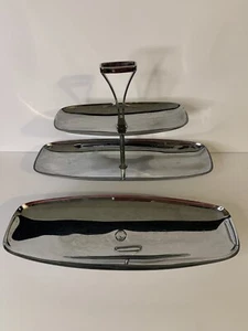 Mid Century Danish Modern Serving Tray Set Chrome Tiered Milbern - Picture 1 of 12