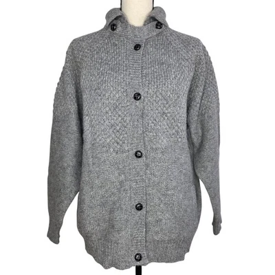 Cardigã suéter feminino vintage Orvis grandes bolsos de lã cinza raglan G/S - Imagem 1 de 4