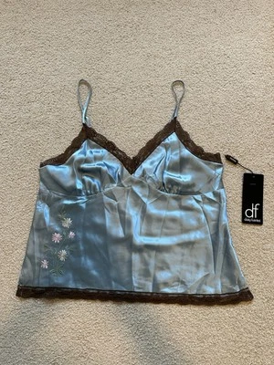 De Colección Daisy Fuentes 100% Seda Camisola Baydoll Top L Azul Encaje Hada Bordado  Foto 1 de 4