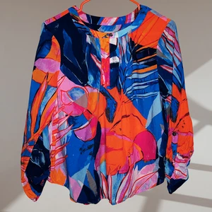 blusa estampado tropical abstracto nic + zoe azul brillante naranja rosa m - Imagen 1 de 7