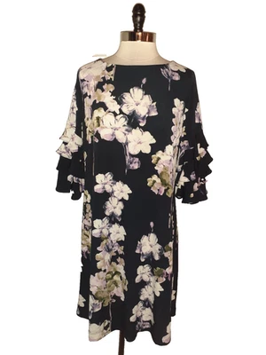 Vestido recto DANNY AND NICOLE talla grande 14W negro púrpura marfil floral tejido elástico Foto 1 de 4