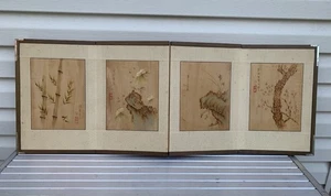 Vintage Oriental 4 Panel Screen Birds Peony Flowers 70x35 Chinese Asian Wall Art - Picture 1 of 14