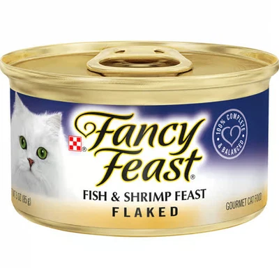 144 Cans , Fancy Feast Flaked Fish & Shrimp Feast Wet Cat Food, 3 oz case