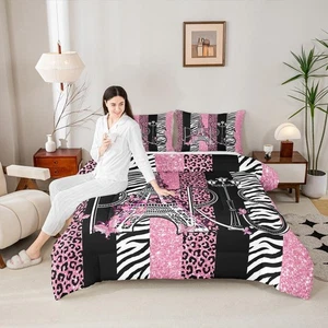 Eiffel Tower Kids Comforter Set Queen Size,Glitter Leopard Zebra Skin Texture... - Bild 1 von 8