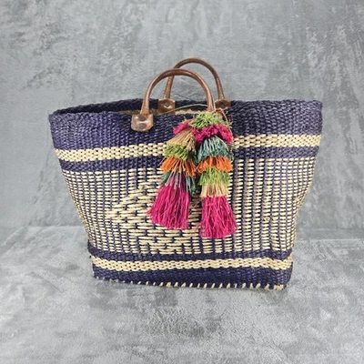 Mar Y Sol Ibiza Tassel Sisal Woven Market Tote Beach Bag Leather Handles Navy - Image 1 of 4