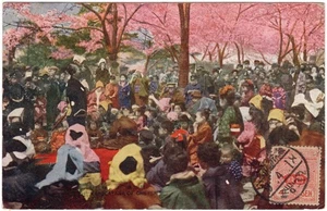 Japan 1920 Ansichtskarte PPC Menschen im Kirschblütenpark nach Belgien - Bild 1 von 2