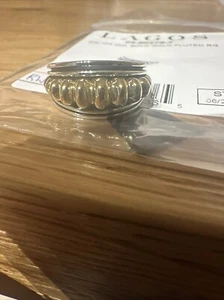 LAGOS 18K GOLD STERLING SILVER SMALL WIDE BOLD FLUTED RING SZ 7 RARE BNWT - Picture 1 of 5