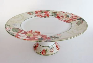 222 FIFTH RAWLINGS Cake Pastry Fruit Plate Stand 11" Round FLORAL SCRIPT NEW - Picture 1 of 6