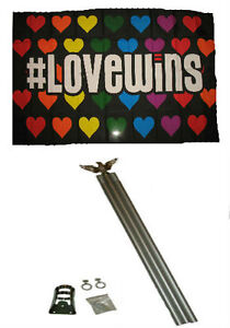 3x5 Gay Pride # Lovewins Rainbow Flag w 6' Ft pole Aluminum Flagpole Kit