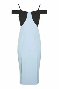 Topshop Colour Block Cold Shoulder Pencil Midi Dress Blue/Black Size 10 Bnwt - Picture 1 of 5