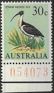 1966 Australian Birds MNH Plate No.054073 Tab Single 30c Straw-Necked Ibis Stamp - Picture 1 of 1