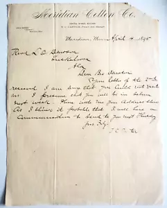 1895 Letter, Meridian Cotton Co, Mississippi, Signed T.C. Carter, President - Picture 1 of 2