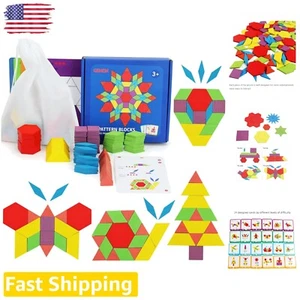 Educational Wooden Pattern Blocks Set with Design Cards - Creative Learning Toy - Picture 1 of 9