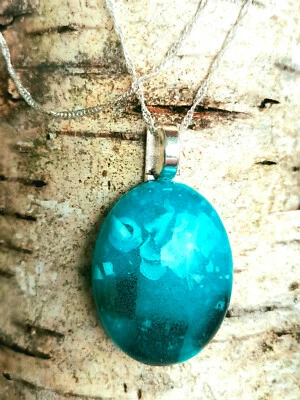 ARIEL Anhänger handgefertigt Harz Moos Baumrinde 4 x 3cm 60 cm Silberkette - Bild 1 von 4