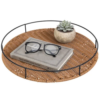 MyGift 15 Inch Round Rustic Woven Rattan Serving Tray with Black Metal Frame - Image 1 of 4