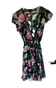 Abito Enfocus taglia 14 nero floreale lunghezza ginocchio cappuccio manica fluido - Foto 1 di 7