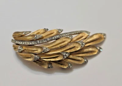 Vintage Crown Trifari Leaves Rhinestone Gold Tone Brooch - Image 1 of 4