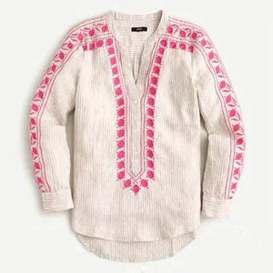 J. Crew Pink & Tan Embroidered V-neck Tunic in Stripe Long Sleeve Size XXS - Picture 1 of 13