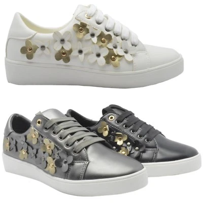 New Womens Lace Up Flower Trainers Ladies Studded Plimsoll Sneaker Shoes Size Uk