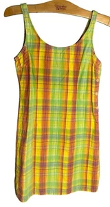 J. Crew Dress 2 XS Madras Tank 100% Cotton Sleeveless Side Buttons Yellow Green - Picture 1 of 6