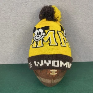 Vintage Mickey Mouse + University of Wyoming Beanie Brown Yellow Pom USA Made - Picture 1 of 5