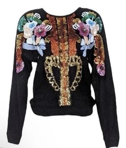 Marnie West Pullover Damen groß schwarz Pailletten Blumen Rundhals abstrakt Angora - Bild 1 von 8