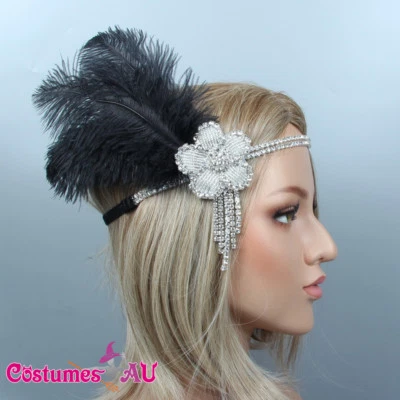 Diadema de 1920 Pluma Negra Nupcial Gran Gatsby 20s Flapper Tocado Gángster  Foto 1 de 2