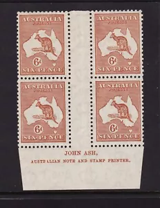 Australian 1932 Kangaroo 6d Chestnut C of A wmk Ash Imprint Block of 4 Stamps - Picture 1 of 2