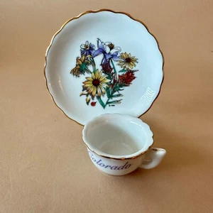 Vintage COLORADO SOUVENIR Miniature Teacup & Saucer - Butter Pat - WILDFLOWERS - Picture 1 of 12
