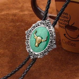 Green Gold Bull Mens Bolo Tie Wedding Necklace PU Leather Rope Western Cowboy - Picture 1 of 6