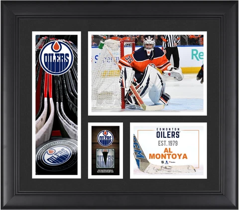 Al Montoya Edmonton Oilers Framed 15x17 Collage & Piece of GU Puck Cover