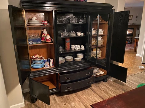 Antique China Hutch and Desk both black with super cool Skeleton Keys Cover