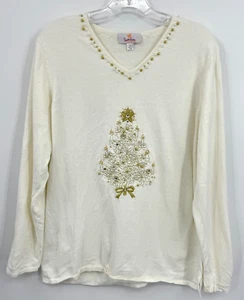 Quacker Factory Sweater Large Christmas Embellished Holiday Wearable Art Ivory - Picture 1 of 7